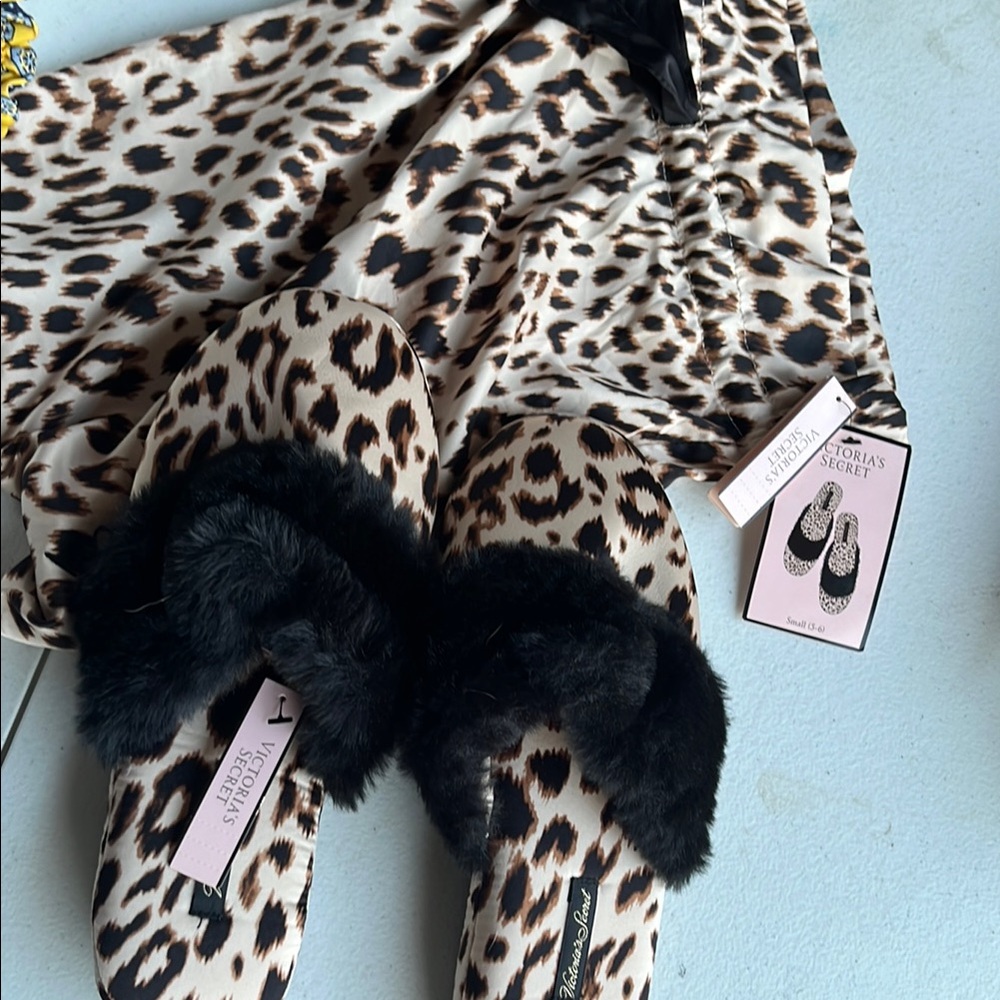 Victoria's Secret Leopard Print Slippers and Robe Set